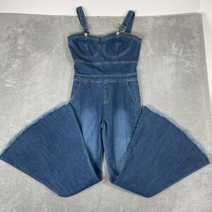 Peach Love California Denim Jumpsuit Womens Large (30x32) Bell Bottom Wide Leg